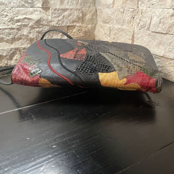 Carlo Fiori Mixed Exotic Leather Fold Over Clutch Shoulder Handbag Purse - Picture 6 of 12